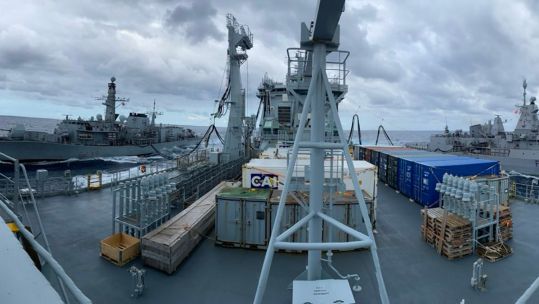 RFA Tidespring has three stations for diesel fuel, aviation fuel and fresh water (Picture: UK Carrier Strike Group 25 X)