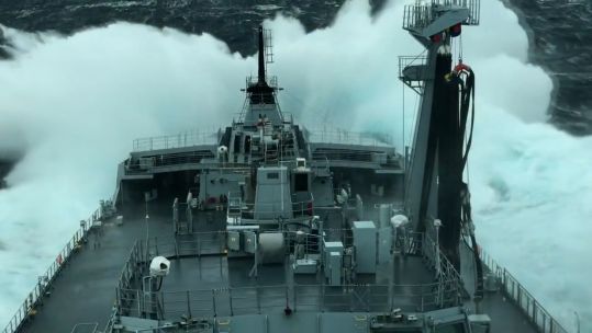 RFA Tidesurge in stormy seas off the coast of Norway while deployed on NATO's Exercise Cold Response 