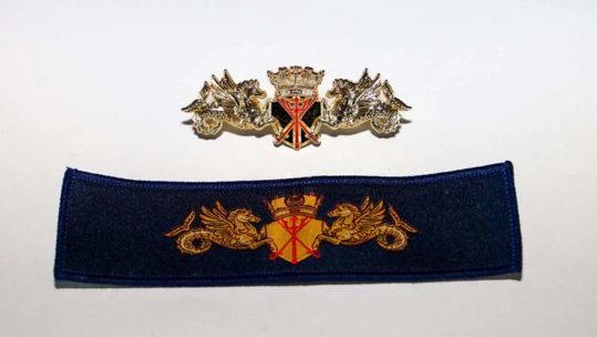 The new command pin is identical to the Royal Navy equivalents with two heraldic sea horses denoting sea power with a trident and crossed swords beneath a naval crown