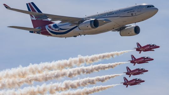 Red Arrows fly with the VIP Voyager at RIAT (Picture: MOD Crown Copyright).