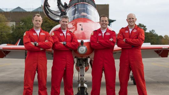 (Left to right) Flight Lieutenant Chris Lyndon-Smith; Flight Lieutenant Toby Keeley; Squadron Leader Mike Bowden; Flight Lieutenant Dan Lowes (Picture: Red Arrows/Twitter).