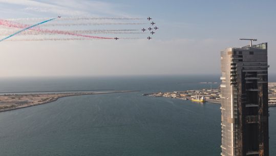Red Arrows performing in Abu Dhabi to mark the 50th Anniversary of the United Arab Emirates 