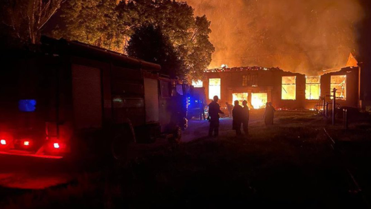Rescuers are putting out the fire after an aerial bomb destroyed blood transfusion center in Kupyansk, Kharkiv region. 050823  CREDIT Ukraine MOD