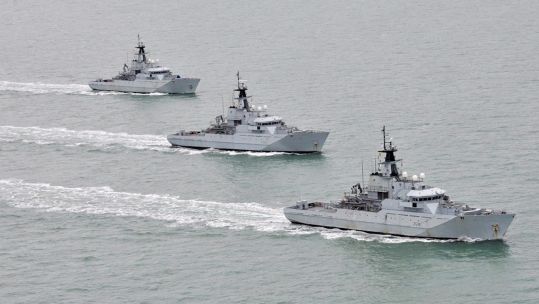 River Class patrol vessels of the Fishery Protection Squadron, HMS Severn, HMS Tyne and HMS Mersey pictured off the coast of Cornwall 160212 CREDIT MOD