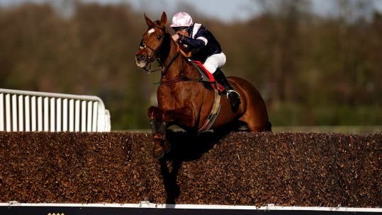 Rolling Dylan ridden by Maj Charlie O'Shea on their way to winning the Castel Royal Artillery Gold Cup at Sandown Park Racecourse 