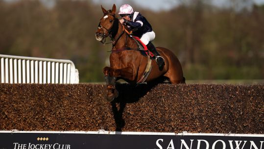 Rolling Dylan ridden by Maj Charlie O'Shea on their way to winning the Castel Royal Artillery Gold Cup at Sandown Park Racecourse. 17022022 Credit ALAMY.jpg