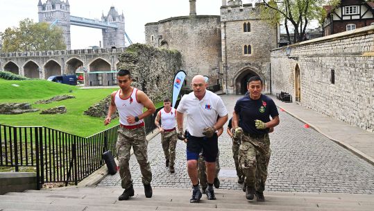 Kemp's workout with the Gurkhas included a run through the grounds of the Tower of London (Picture: Royal British Legion)