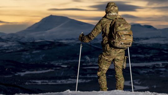 Royal Marine Commando on skies during the Cold Weather Winter Warfare Course at Malselv