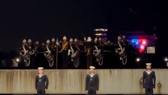 Royal Marines band performs from HMS Prince of Wales lift 091123 CREDIT UK MILITARY & DEFENCE STAFF US
