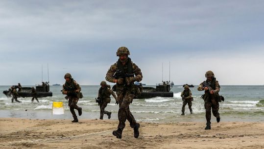 Royal Marines from 45 Commando disembarking the Offshore Raiding Craft, from 539 Assault Squadron. As part of Exercise BALTOPS 2019, held in Lithuania on Sunday 16th June 2019. CREDIT Crown Copyright.