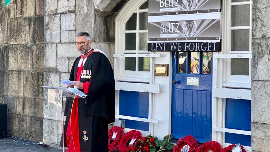 Royal Navy Chaplain, Reverend Tim Wilkinson holds commemorative service at HMNB Devonport for 80 years Plymouth Blitz 260421 CREDIT BFBS