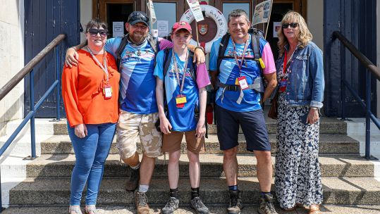 Royal Navy Chief Petty Officer Chris Levy and retired Chief Petty Officer Simon Cranfield after completing their 220 mile hike, to raise money for charity, from Portsmouth to Plymouth