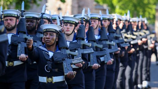 Royal Navy sailors march at the Palace of Holyroodhouse in Edinburgh