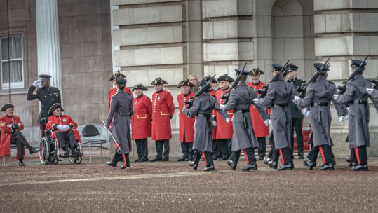 Royal Signals unit guard at Bucking Palace watched by Chelsea Pensioners 29012025 CREDIT MOD