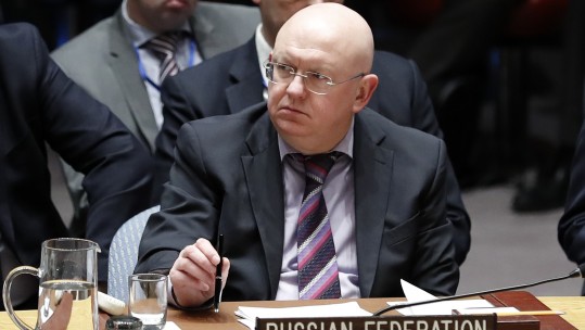 Russian Ambassador to the United Nations Vassily Nebenzia attending a Security Council meeting on Syria at the UN headquarters in New York CREDIT PA