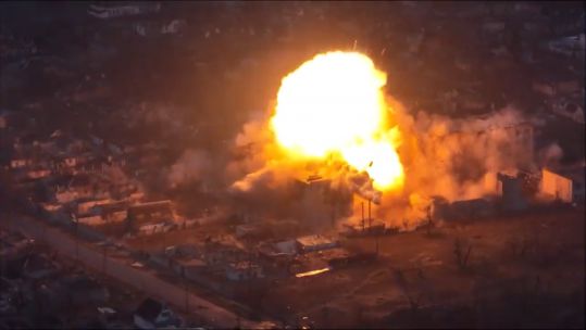 Russian UR-77 mine clearance tool shown destroying building in eastern Ukraine (Picture: Russian MOD).
