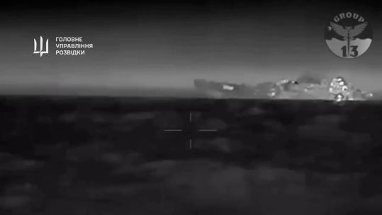 Russian amphibious ship Caesar Kunikov at 45 degrees with bow partly lifted in air 140224 CREDIT Ukraine MOD Telegram