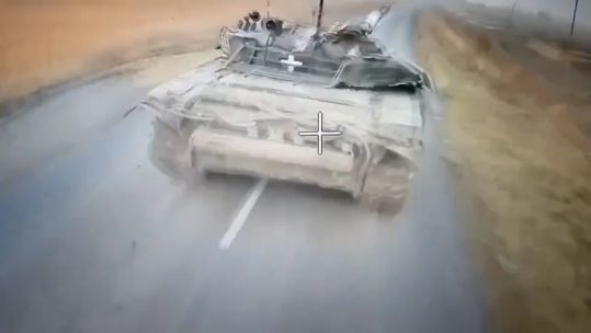 Russian fibre-optic drone attacking a Ukrainian tank 121124 CREDIT X GrandpaRay2