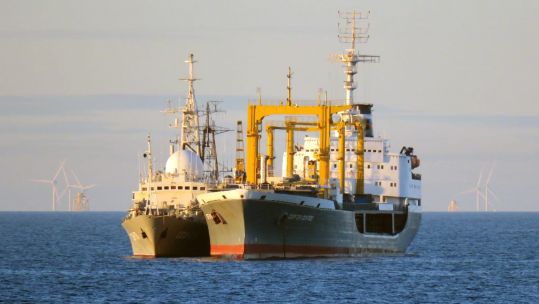 Russian intelligence-gathering vessel Viktor Leonov and support tanker Sergey Osipov Scotland NOV 2020 CREDIT ROYAL NAVY
