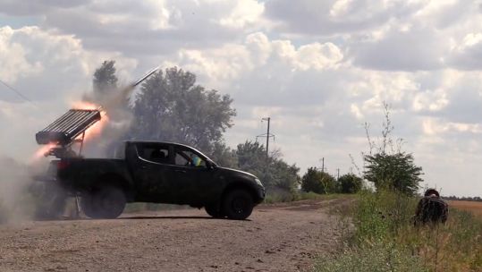 Russian rocket Launcher mounted on Ukrainian pick-up truck (Picture: Ukraine MOD).