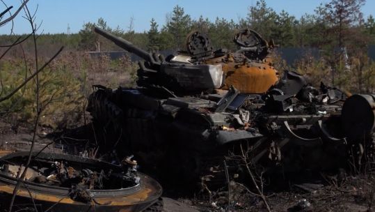 Russian tanks litter Bucha after their retreat having been ambushed by Ukrainian forces (Picture: Emile Ghessen).