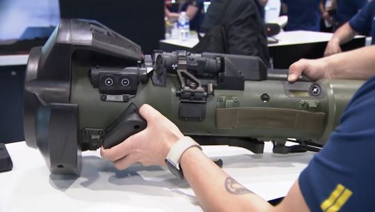 Saab NLAW simulator showcased at ITEC London Excel event.