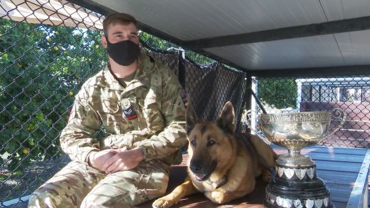 Saiid, the RAF’s number one patrol dog for two years in a row, alongside Corporal Timmy Longstaff, RAF Police, Security Flight, Dog Section, RAF Akrotiri 