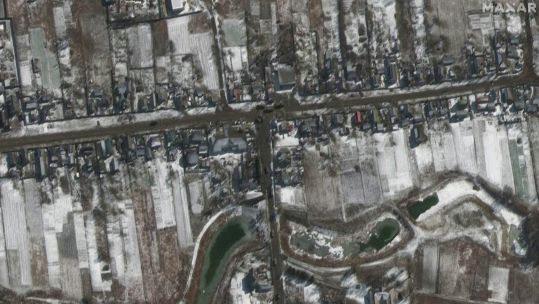 Satellite image which appears to show Russian military convoy outside Kyiv having dispersed (Picture: Maxar Technologies via REUTERS).