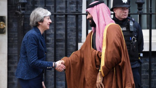 Saudi Arabia's crown prince Mohammad bin Salman is greeted by Prime Minister Theresa May at 10 Downing Street in March 2018 Picture PA
