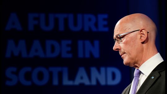 Scottish First Minister and SNP leader John Swinney speaking during the party's General Election manifesto launch at Patina in Edinburgh 190624 CREDIT Alamy