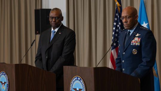 Secretary of Defense Lloyd J Austin III and General CQ Brown Jr chairman of the Joint Chiefs of Staff address the news media at a press conference following the Ukraine Defense Contact Group meeting at Ramstein Air Base Germany (Picture: US DoD, Air Force Airman 1st Class Eve Daugherty).