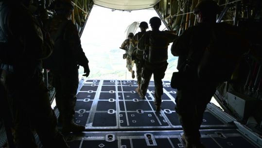 Semi anon US paratroopers jump from US Air Force C-130at Malmsheim Airfield, Germany 230519 CREDIT US AIR FORCE