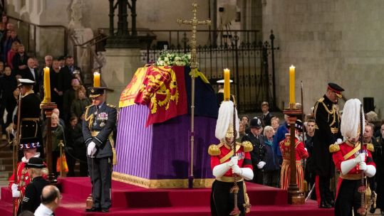 Service chiefs, led by Chief of the Defence Staff Admiral Sir Tony Radakin, stand vigil at Her Majesty The Queen's coffin in Westminster Hall 16092022 CREDIT MOD Twitter
