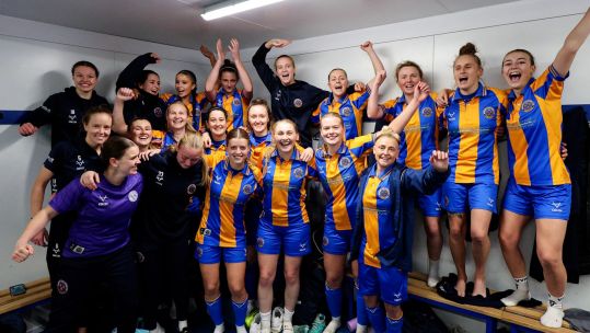 Shrewsbury Town women with RAF stars Pip Wilson and Jeorgia Carr middle back celebrate FA Cup win Credit Shrewsbury Town Women Date 24112024.jpg