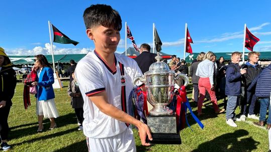 Sig Sumit Rai with the Nepal Cup after Queen's Gurkha Signals beat 1 Royal Gurkha Rifles in Aldershot 060724 CREDIT BFBS.jpg