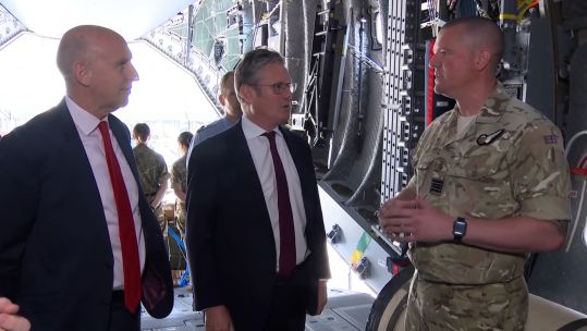 Sir Keir Starmer and John Healey inside an Atlas during visit to RAF Brize Norton to mark Armed Forces Day 230623 CREDIT BFBS