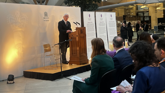 Sir Lindsay Hoyle, Speaker of the House of Commons, leading a ceremony in Portcullis House ahead of Holocaust Memorial Day