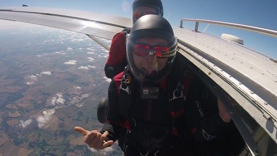 UK Armed Forces Skydivers exit a plane