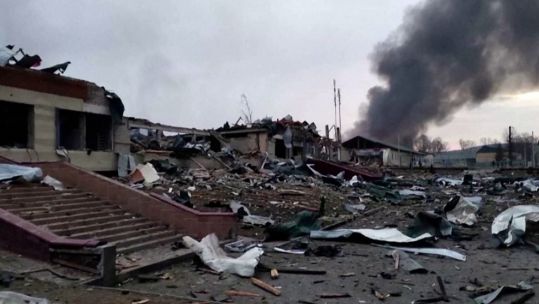 Smoking remains of Yavoriv ranges, a Ukrainian military base that was hit with around 30 Russian cruise missiles