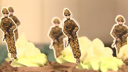 Soldiers on a cake in a civilian cooking competition at Army facility.