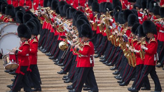 Soldiers wearing bearskin hats during the Trooping the Colour in June 2018