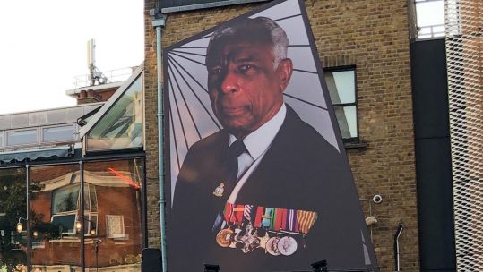 Squadron Leader Philip Louis Ulric Cross Royal Air Force Navigator Second World War WW2 A Young Vic Theatre, London outdoor art installation 'The Unforgotten' created by Sadeysa Greenway-Bailey & Anna Fleischle features portraits of unsung trailblazers Mary Seacole, Marsha P. Johnson and Ulric Cross Picture Donald Cooper / Alamy Stock Photo
