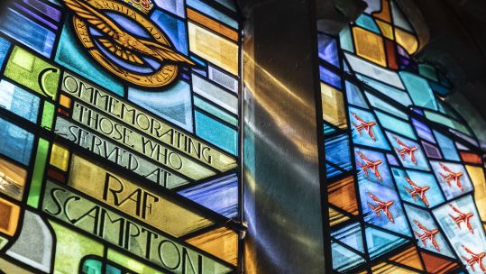 Stained glass, including Red Arrows, which pays tribute to RAF Scampton 160421 CREDIT MOD Crown Copyright