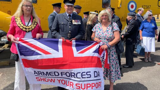 Station Commander Wing Commander Marshall Kinnear RAF St Mawgan with the Mayor of Newquay AFD flag raising 05042023 CREDIT BFBS.jpg