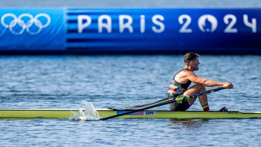 Stephen Cox competes for Zimbabwe in men's single sculls in Paris 2024 CREDIT Xinhua Alamy Stock Photo EXP 23112024.jpg