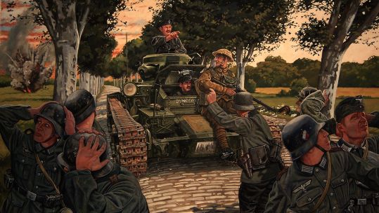 Illustration of Sergeant Strickland escorting German POWs in his Matilda I tank
