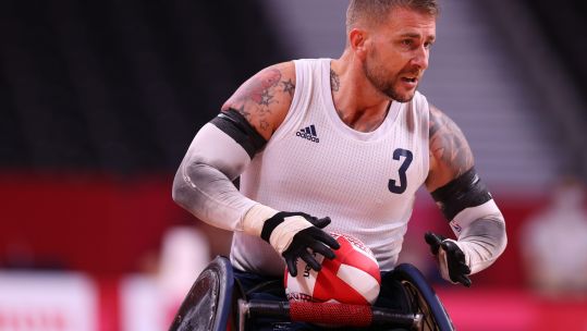 Stuart Robinson playing wheelchair rugby for Great Britain against Canada at the Tokyo 2020 Paralympic Games at the Yoyogi National Gymnasium in Tokyo, Japan