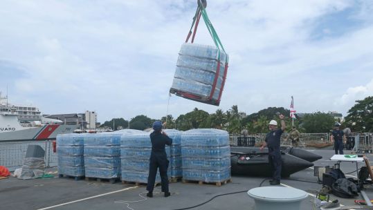 Supplies loaded onto HMS Spey to deliver aid to Tonga after tsunami 240122 CREDIT ROYAL NAVY