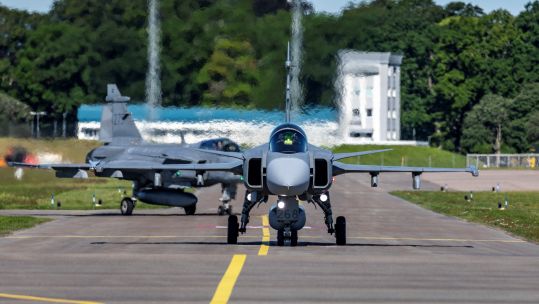 Swedish Gripen aircraft joined RAF aircraft for warfighting training (Picture: MOD).