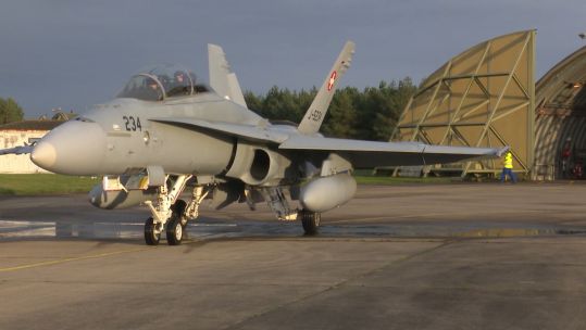 Swiss Hornet jet on the runway at RAF Leeming as part of Exercise YorkNite 2020 